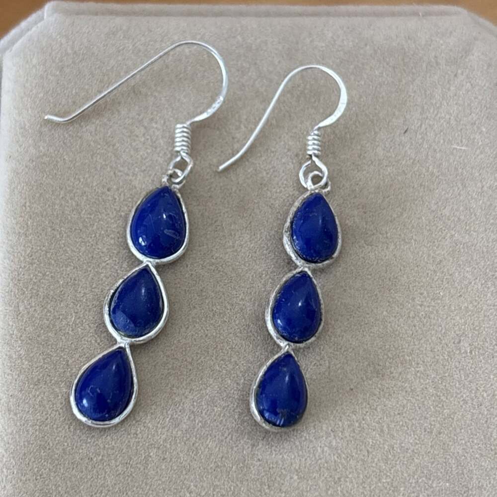 Natural 13.13ct Pear Lapis Lazuli Triple Dangle Earrings Sterling Silver 925